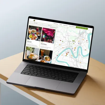 Responsive web development project showing interactive map features for vegan business directory