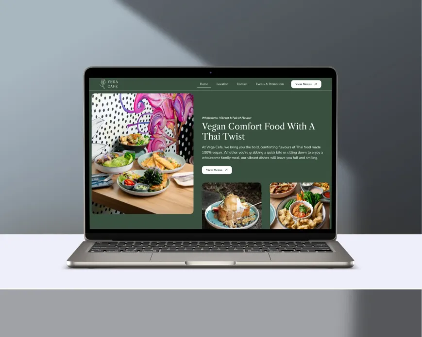 Custom Webflow restaurant website design for Vega Cafe Brisbane displayed on a modern laptop mockup